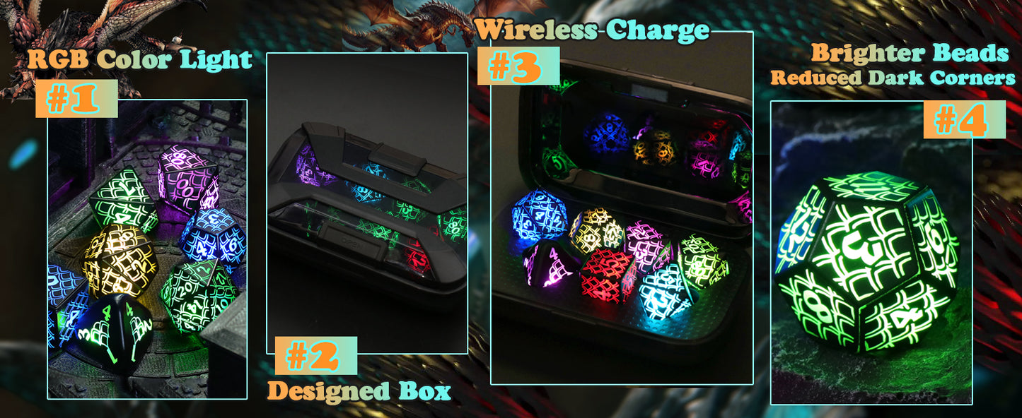 LED DND Dice Set Rechargeable, Cool Light up Dice Wireless Charging for Dungeons and Dragons, Polyhedral Role Playing Dice D&D Gifts(RGB-Dragon Scale)