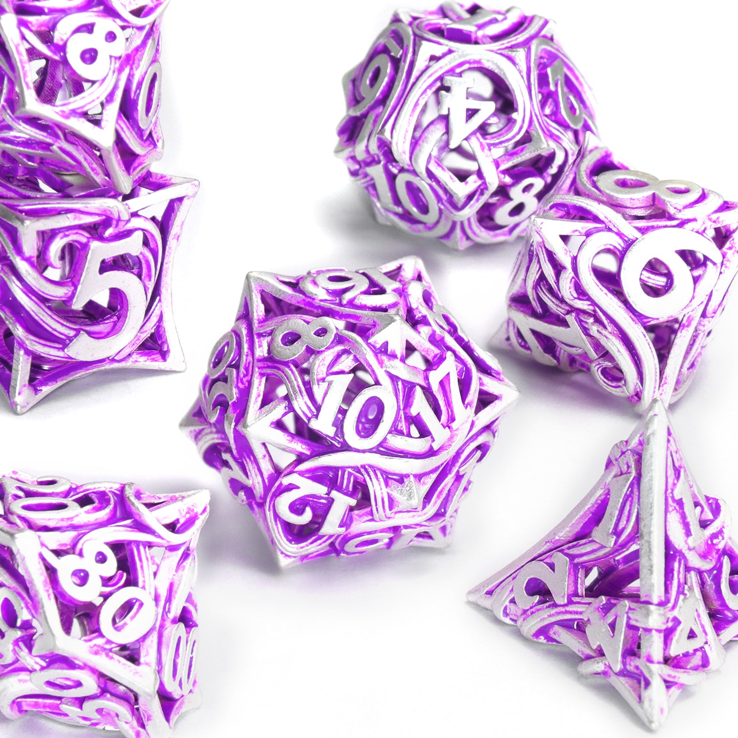 Metal DND Dice Set of 7 Hollow Polyhedral Metal Vine Dice Set - Purple