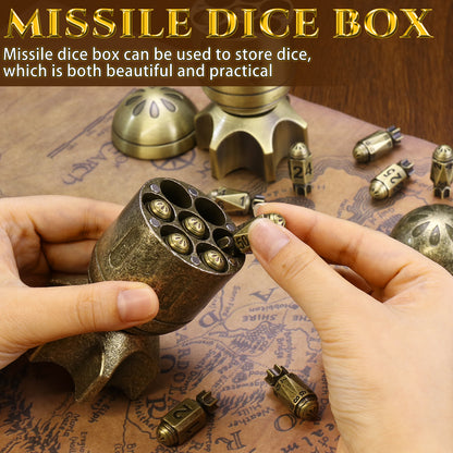 Missile Metal Dice Set D&D of 7 with Spinning Missile Shaped Container - Retro Bronze