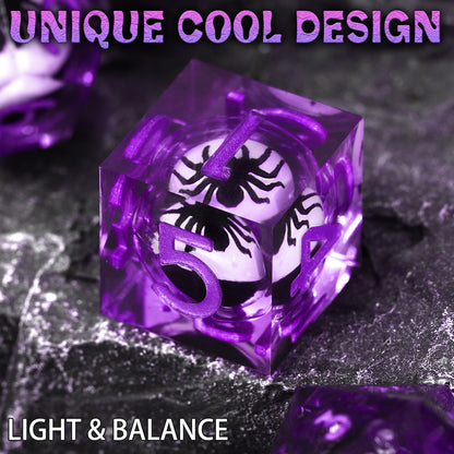 Spider Liquid Core DND Dice Set, 7PCS Sharp Edge Resin Dice - Purple