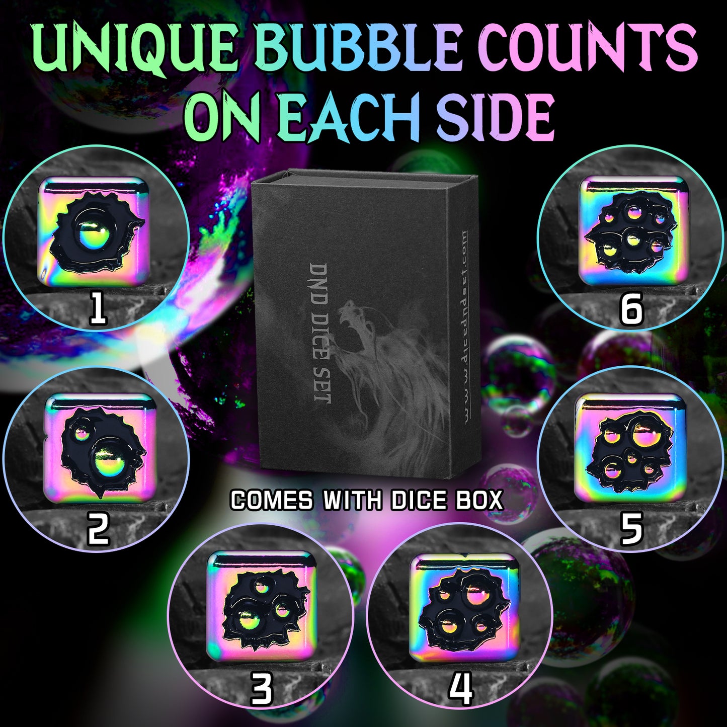 D6 Dice Set of Six Pcs 15mm, Cool Unique Metal 6 Sided Dice - D6 Dazzle Black