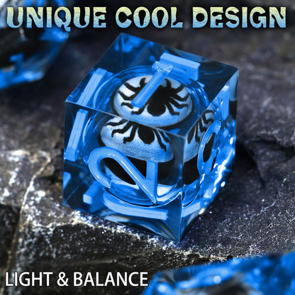 Spider Liquid Core DND Dice Set, 7PCS Sharp Edge Resin Dice - Blue