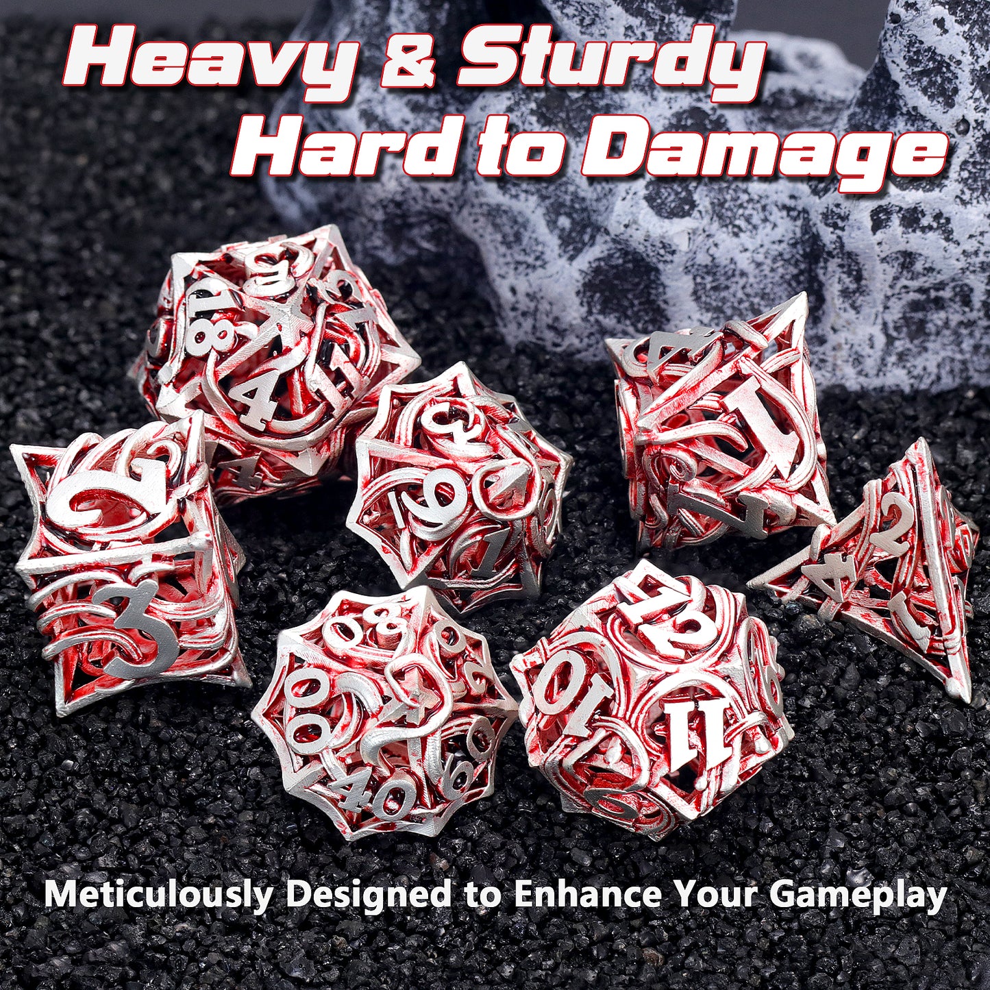 Metal DND Dice Set of 7 Hollow Polyhedral Metal Vine Dice Set - Red