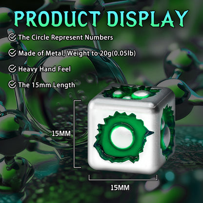 D6 Dice Set of Six Pcs 15mm, Cool Unique Metal 6 Sided Dice - D6 White Green