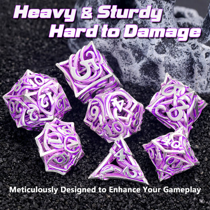 Metal DND Dice Set of 7 Hollow Polyhedral Metal Vine Dice Set - Purple