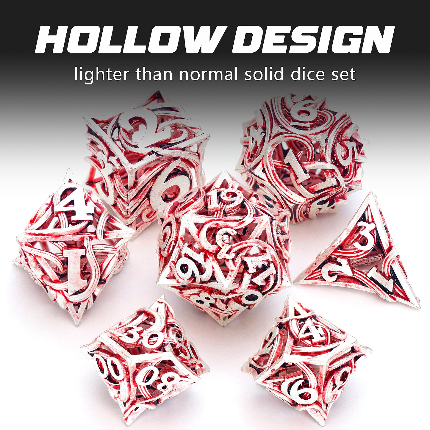 Metal DND Dice Set of 7 Hollow Polyhedral Metal Vine Dice Set - Red