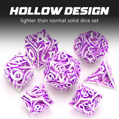 Metal DND Dice Set of 7 Hollow Polyhedral Metal Vine Dice Set - Purple