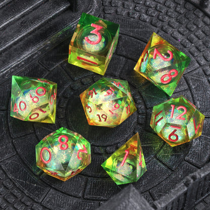 Liquid Core D&D Dice Set  7 Piece Sharp Edge Resin DND Dice - Liquid Yellow and Green