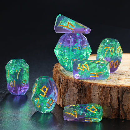 Unique DND Polyhedral Resin Dice Set Stonehenge Theme RPG Dice - Green and Gold