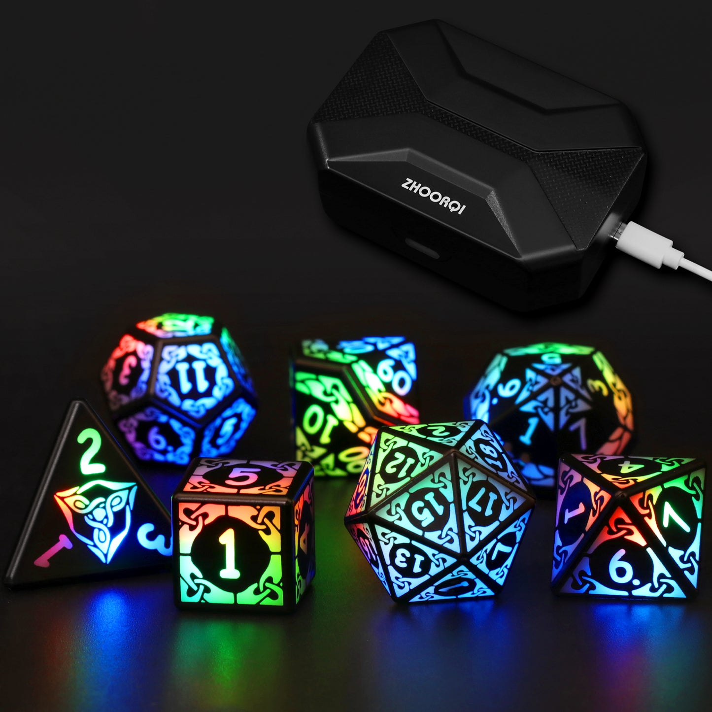 LED Dice Set 7PCS , DND Dice Rechargeable with Charging Box, Dungeon and Dragons Dice USB Port Charging, Role Playing Dice for D&D Table Games