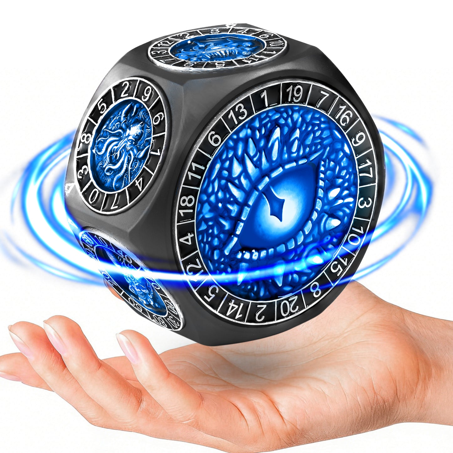 Metal Spinner Dice with Range D4-D20 (Black Dice- Blue)