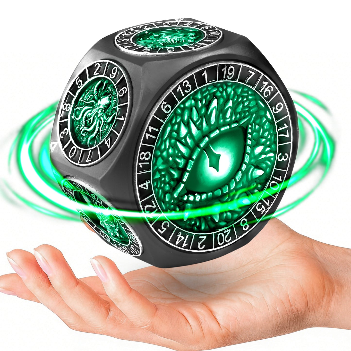 DND Metal Spinner Dice with 3D Monster Engravings & Smooth Spinning(Black Dice- Green)
