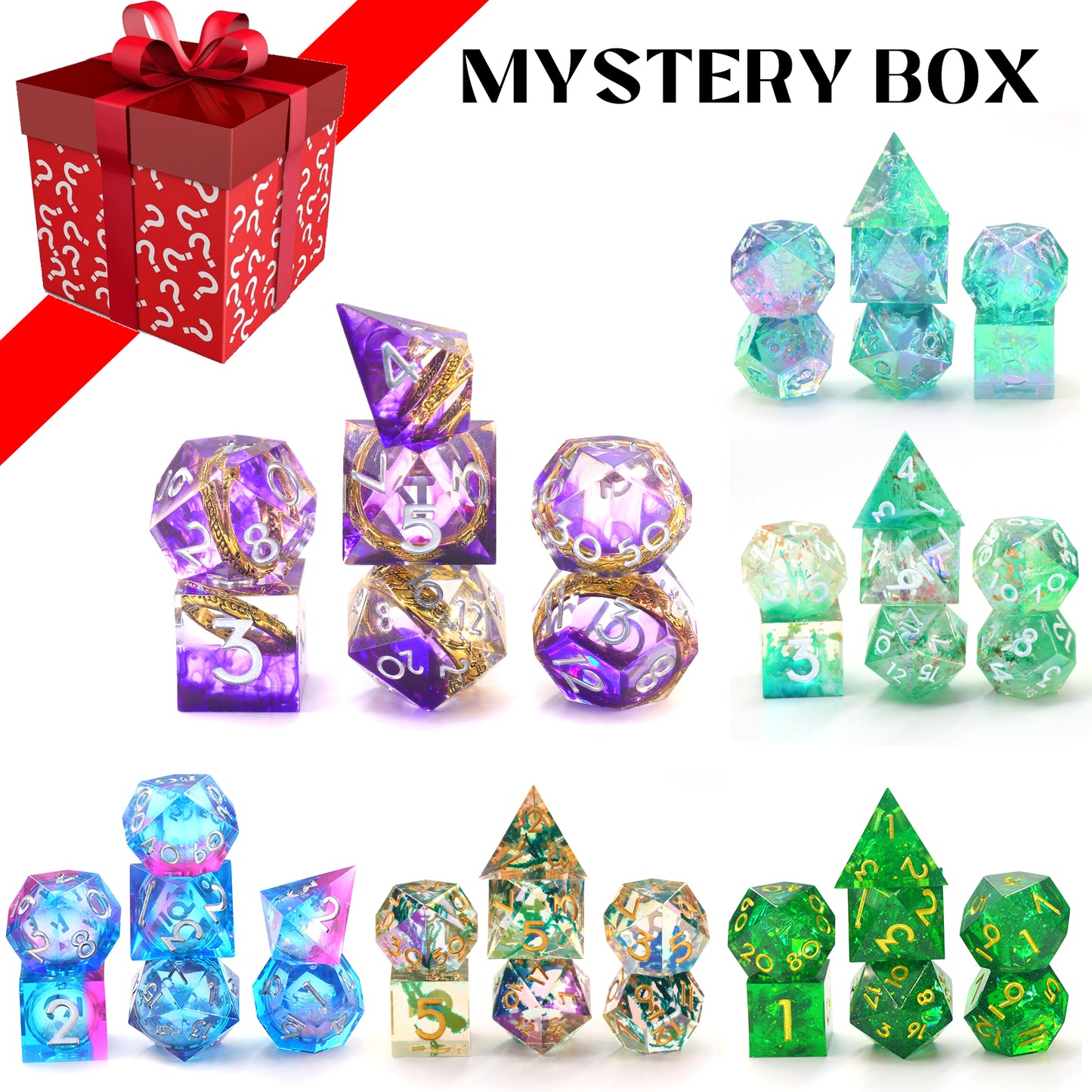 Mystery Dice Set for DND - 7PCS Random Style Resin Polyhedral Dice with Gifts Case