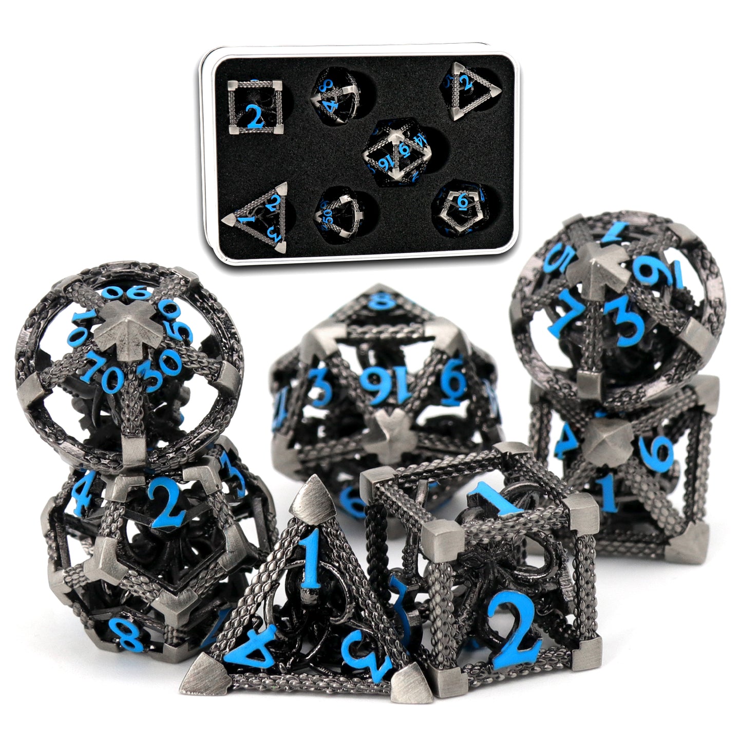 Cthulhu DND Metal Dice, Dungeons and Dragons Dice Metal Dice Set - Blue Number