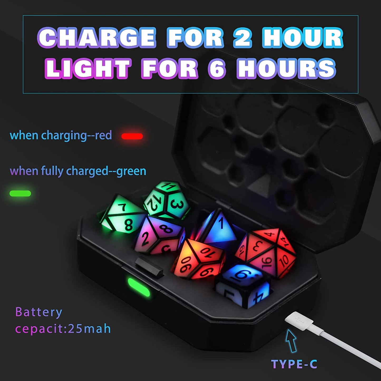 DND Dice Glowing Dice with Charging Box, 7 PCS LED Electronic Dices, Polyhedral Dice Sets - White