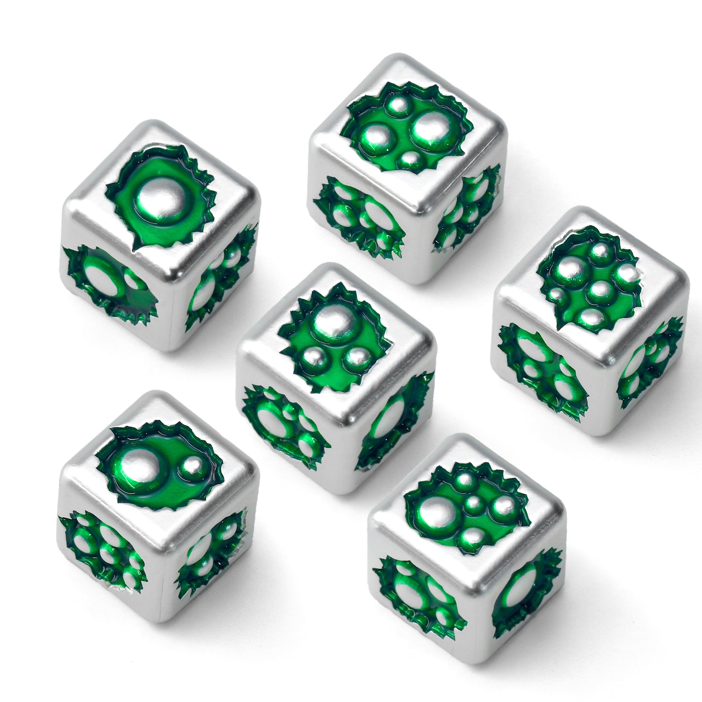 D6 Dice Set of Six Pcs 15mm, Cool Unique Metal 6 Sided Dice - D6 White Green