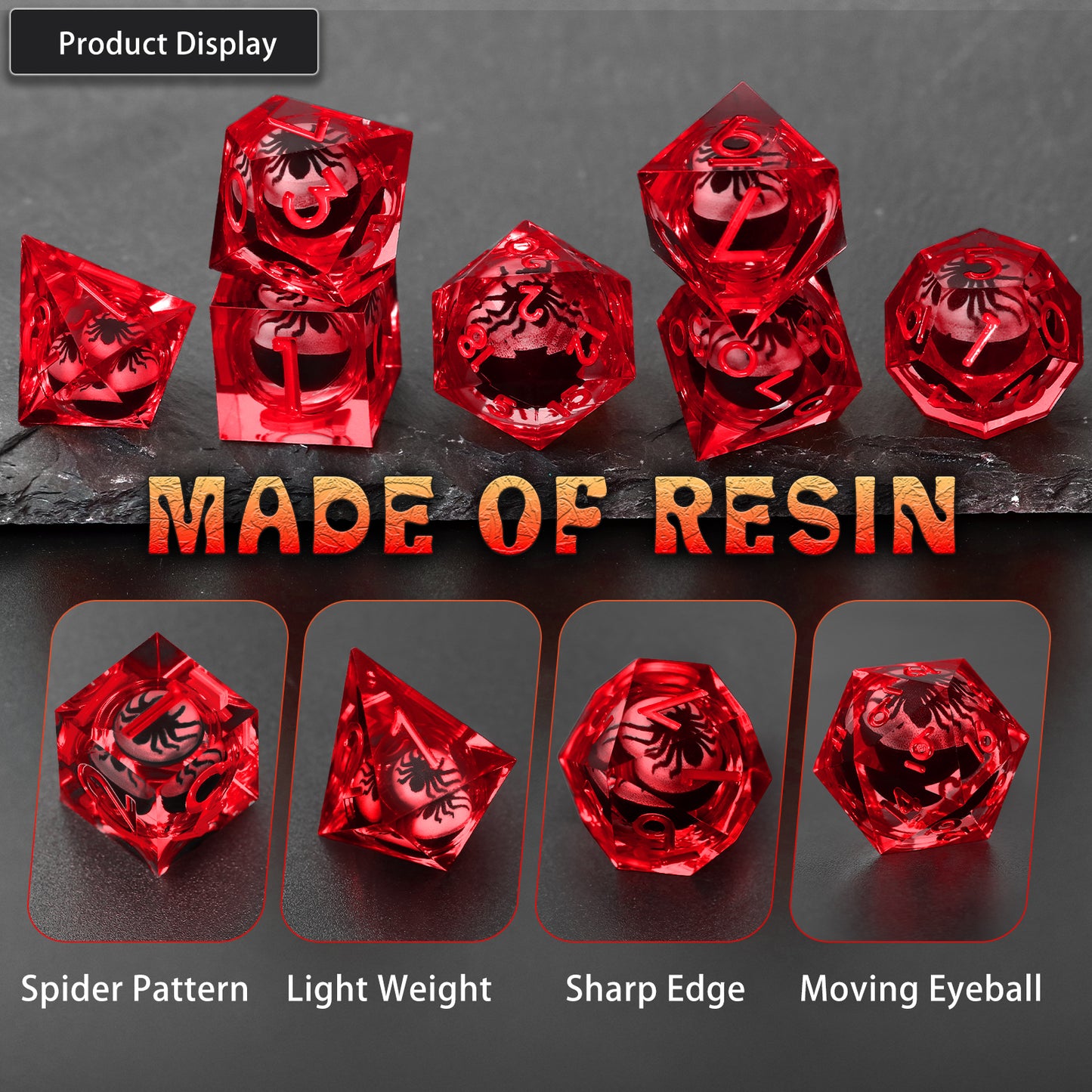 Spider Liquid Core DND Dice Set, 7PCS Sharp Edge Resin Dice -Red