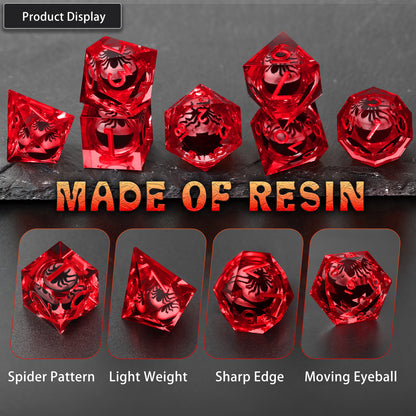 Spider Liquid Core DND Dice Set, 7PCS Sharp Edge Resin Dice -Red