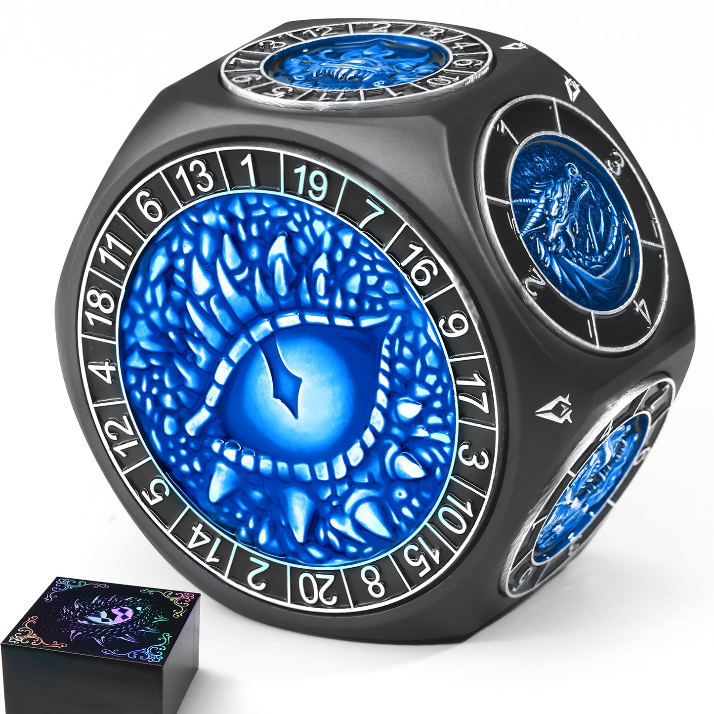 Metal Spinner Dice with Range D4-D20 (Black Dice- Blue)