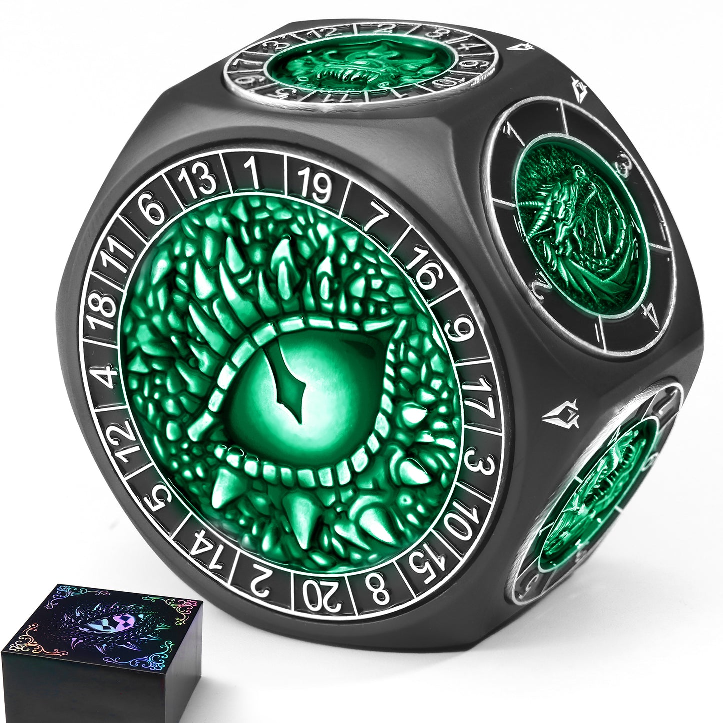 DND Metal Spinner Dice with 3D Monster Engravings & Smooth Spinning(Black Dice- Green)