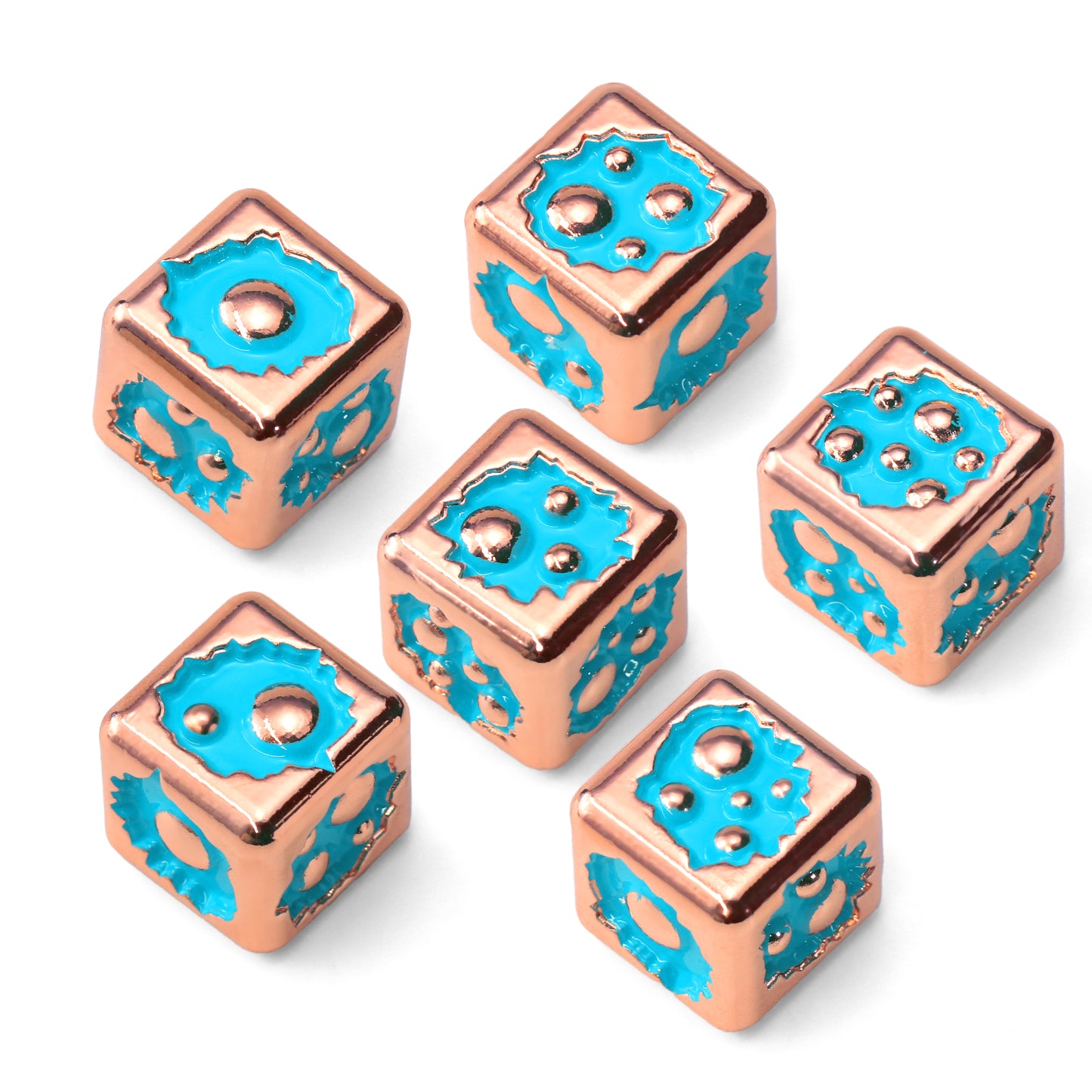D6 Dice Set of Six Pcs 15mm, Cool Unique Metal 6 Sided Dice - D6 Rose Gold Blue