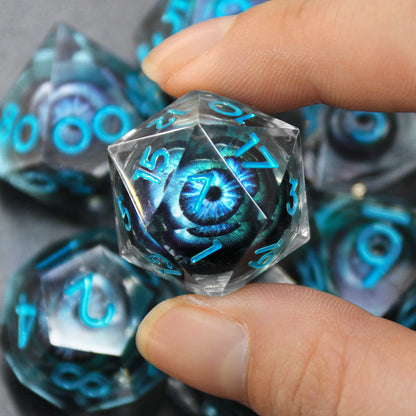 Liquid Core D&D Dice Set  7 Piece Sharp Edge Resin DND Dice - Blue