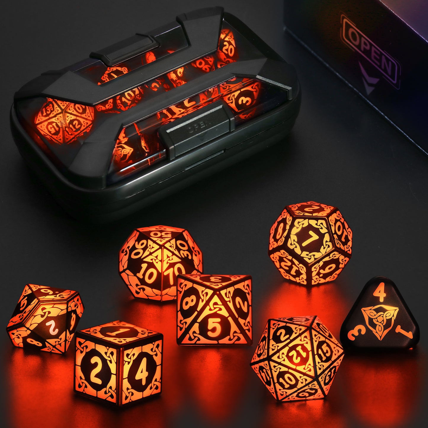 LED Dice Set DND, Cool Light up Dice Set Rechargeable-Orange-Shackles