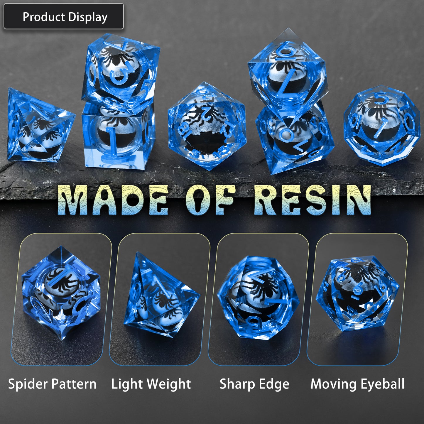 Spider Liquid Core DND Dice Set, 7PCS Sharp Edge Resin Dice - Blue