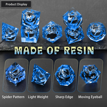 Spider Liquid Core DND Dice Set, 7PCS Sharp Edge Resin Dice - Blue
