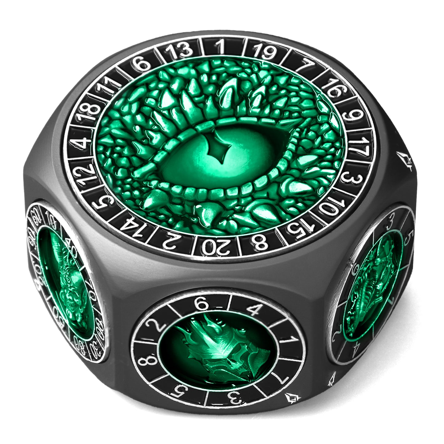 DND Metal Spinner Dice with 3D Monster Engravings & Smooth Spinning(Black Dice- Green)
