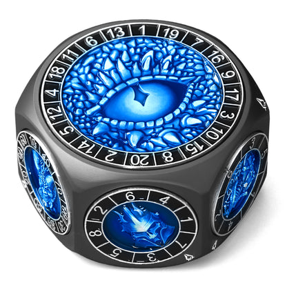Metal Spinner Dice with Range D4-D20 (Black Dice- Blue)