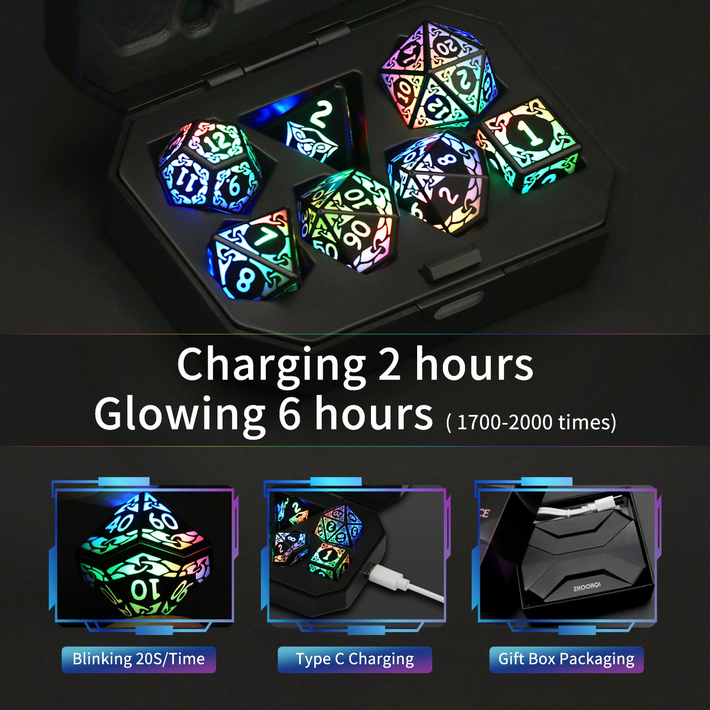 LED Dice Set 7PCS , DND Dice Rechargeable with Charging Box, Dungeon and Dragons Dice USB Port Charging, Role Playing Dice for D&D Table Games