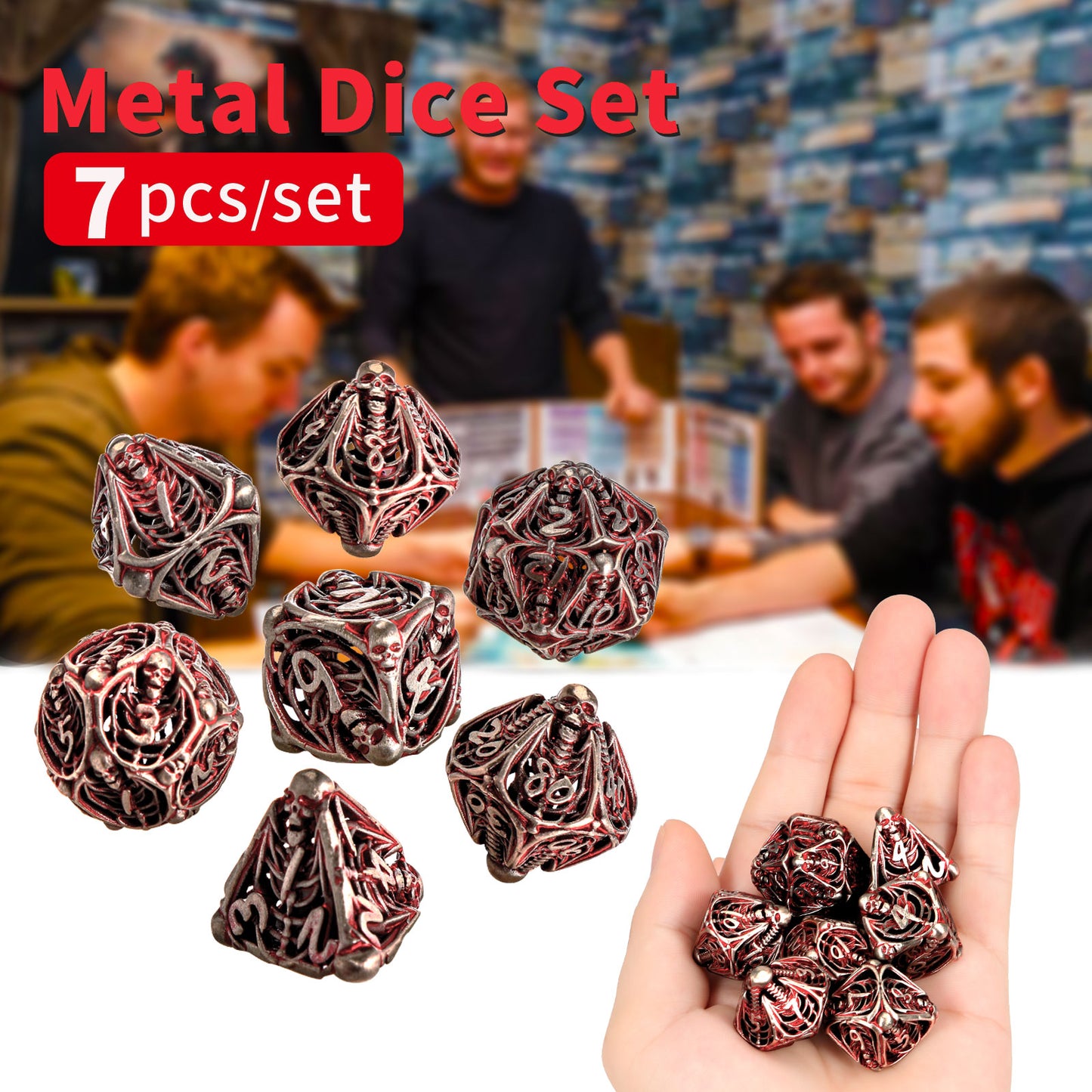 Metal Skull Hollow DND Dice Set - Red