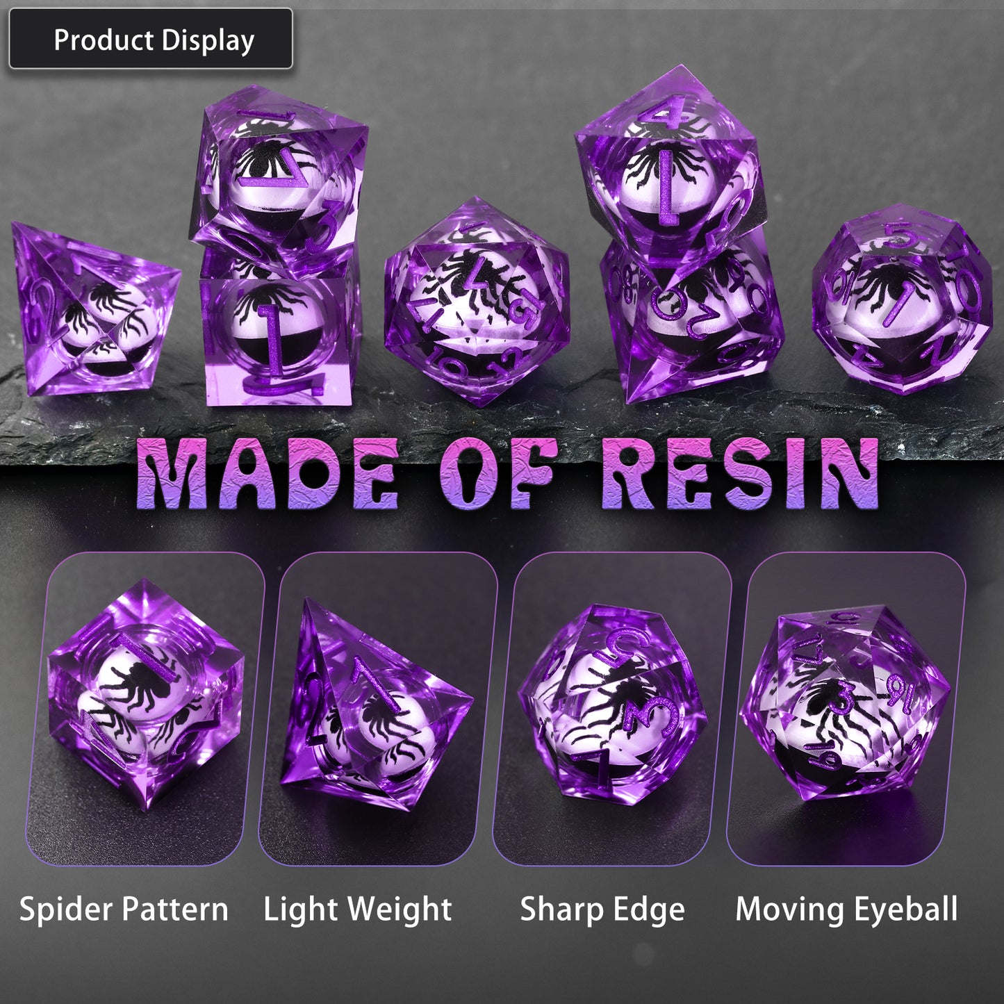 Spider Liquid Core DND Dice Set, 7PCS Sharp Edge Resin Dice - Purple
