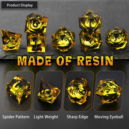 Spider Liquid Core DND Dice Set, 7PCS Sharp Edge Resin Dice -Yellow