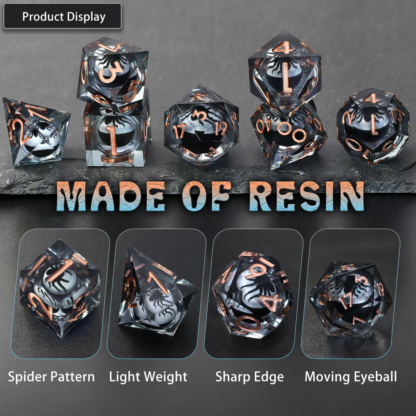 Spider Liquid Core DND Dice Set, 7PCS Sharp Edge Resin Dice -Copper