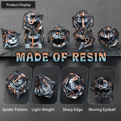 Spider Liquid Core DND Dice Set, 7PCS Sharp Edge Resin Dice -Copper
