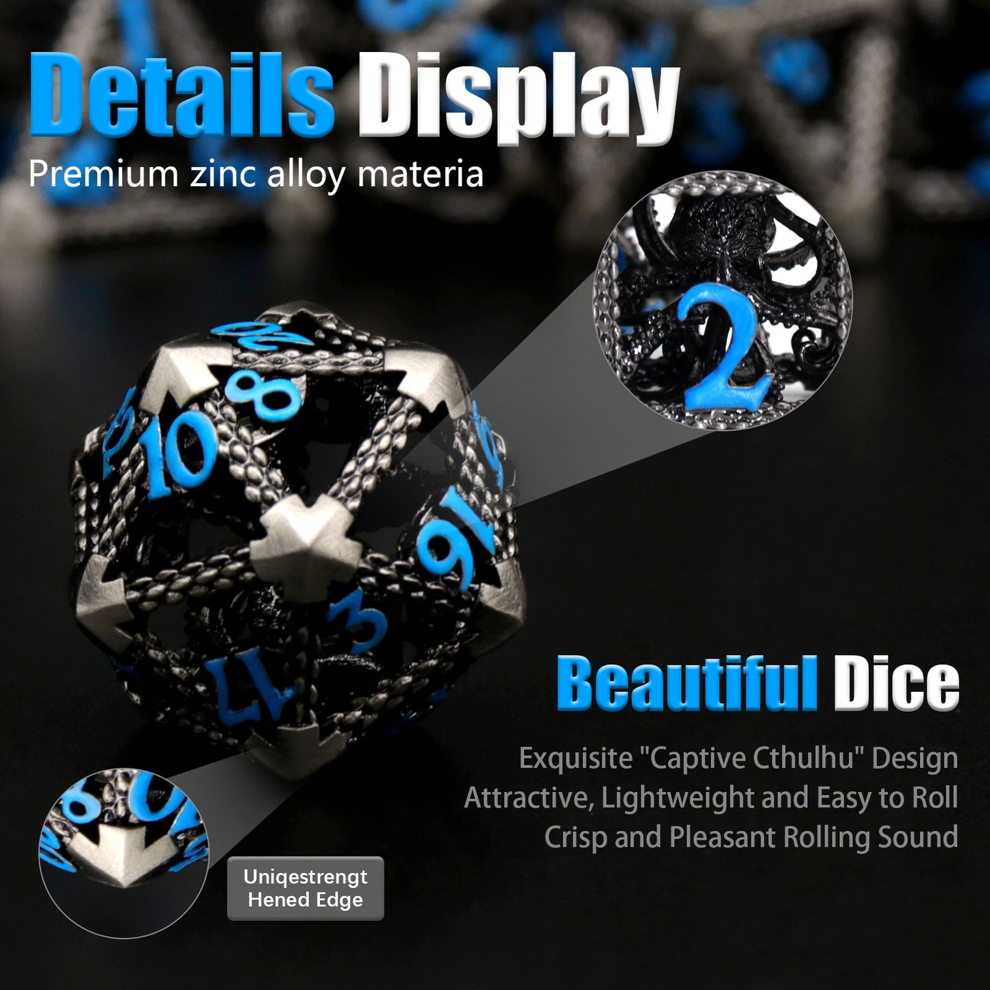 Cthulhu DND Metal Dice, Dungeons and Dragons Dice Metal Dice Set - Blue Number