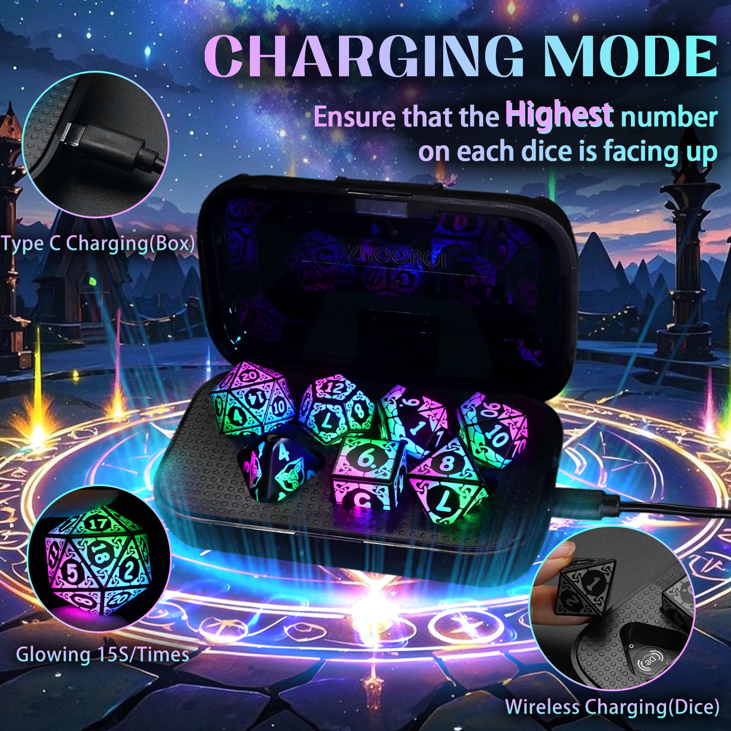 LED Dice Set DND, Cool Light up Dice Set with Charging Box -Colorful-Shackles