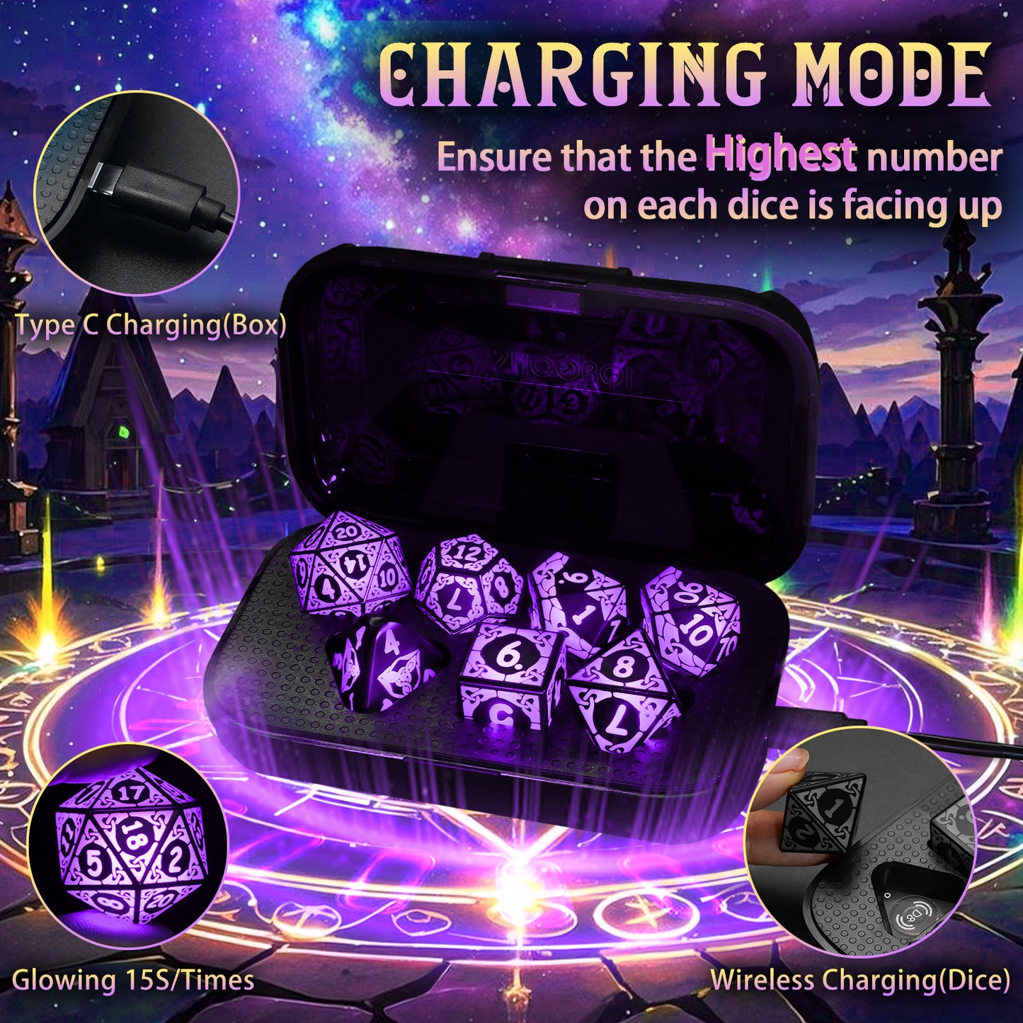 LED Dice Set DND, Cool Light up Dice Set Rechargeable-Purple-Shackles