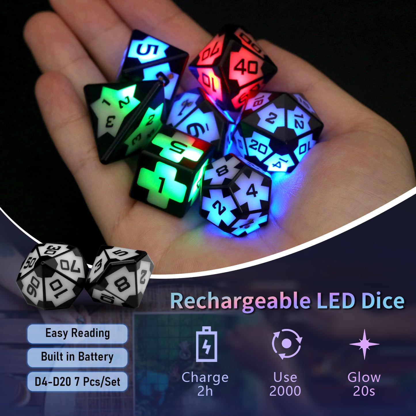 DND Dice Rechargeable with Charging Box, Shake to Light Up Colorful Dice, ZHOORQI Dungeons & Dragons Dice USB Charging, Role Playing Dice for D&D Table Games (Soccer-3 Color)