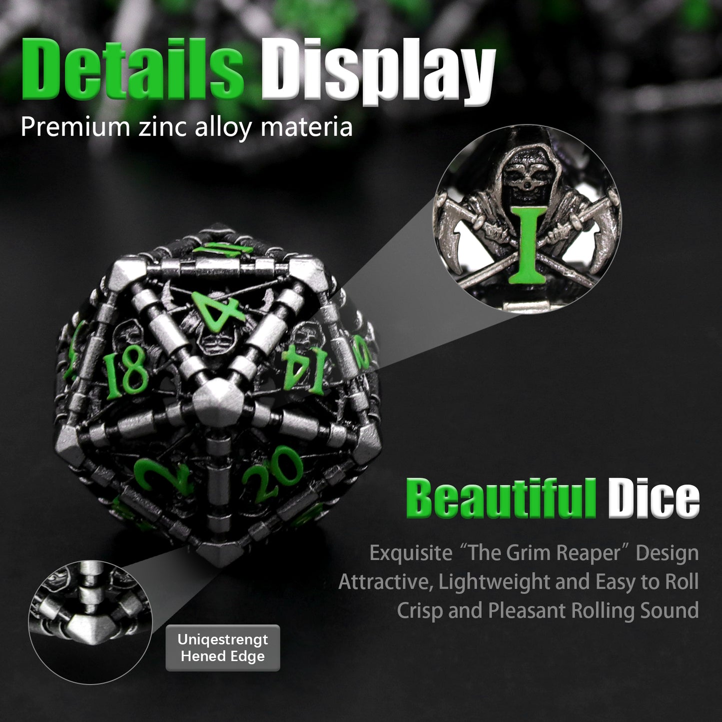 Reaper DND Dice, Dungeons and Dragons Dice Metal Polyhedral Dice Set Role Playing D&D Dice - Green Number