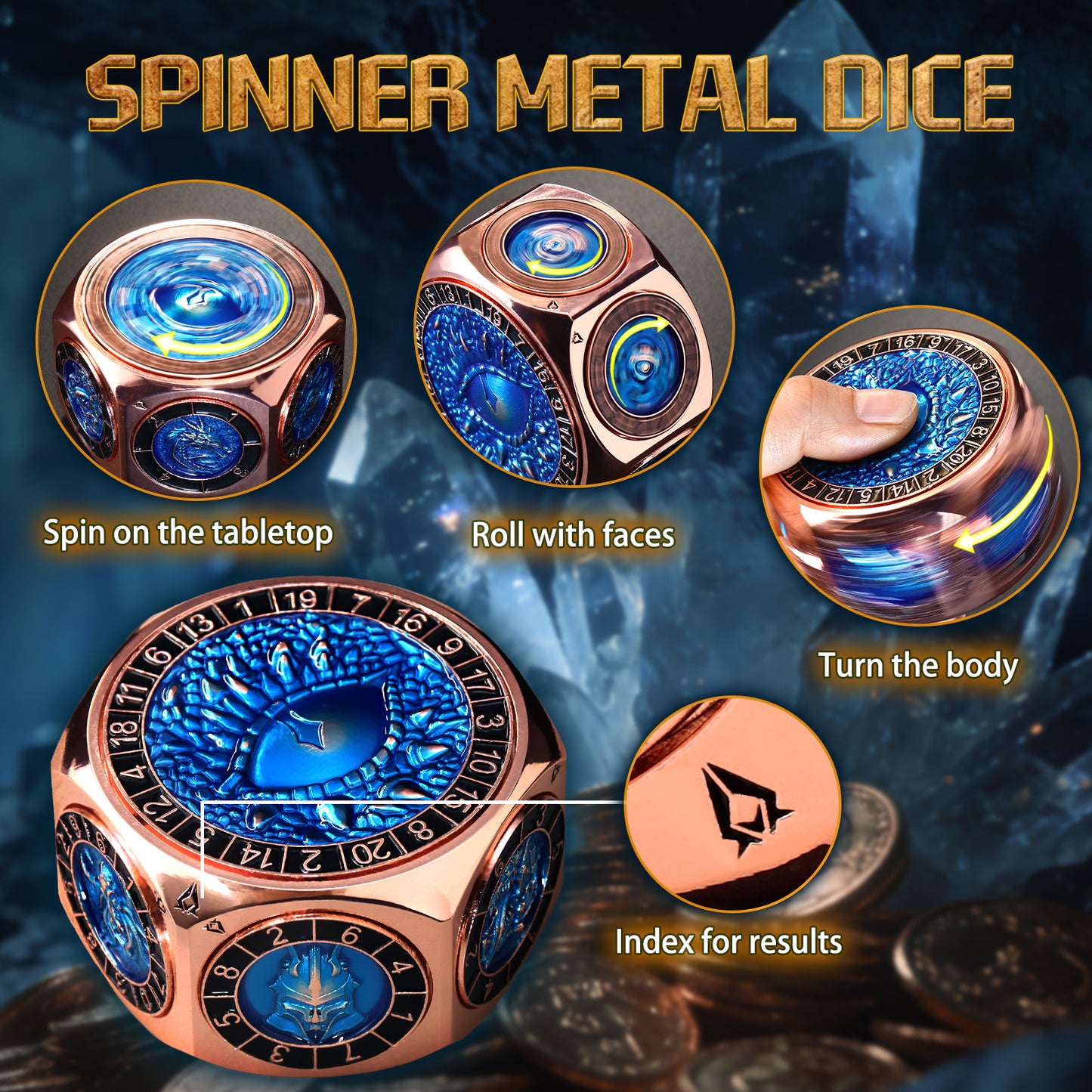 ZHOORQI 8-in-1 Metal DND Dice Set with 3D Monster Engravings(Copper Blue)