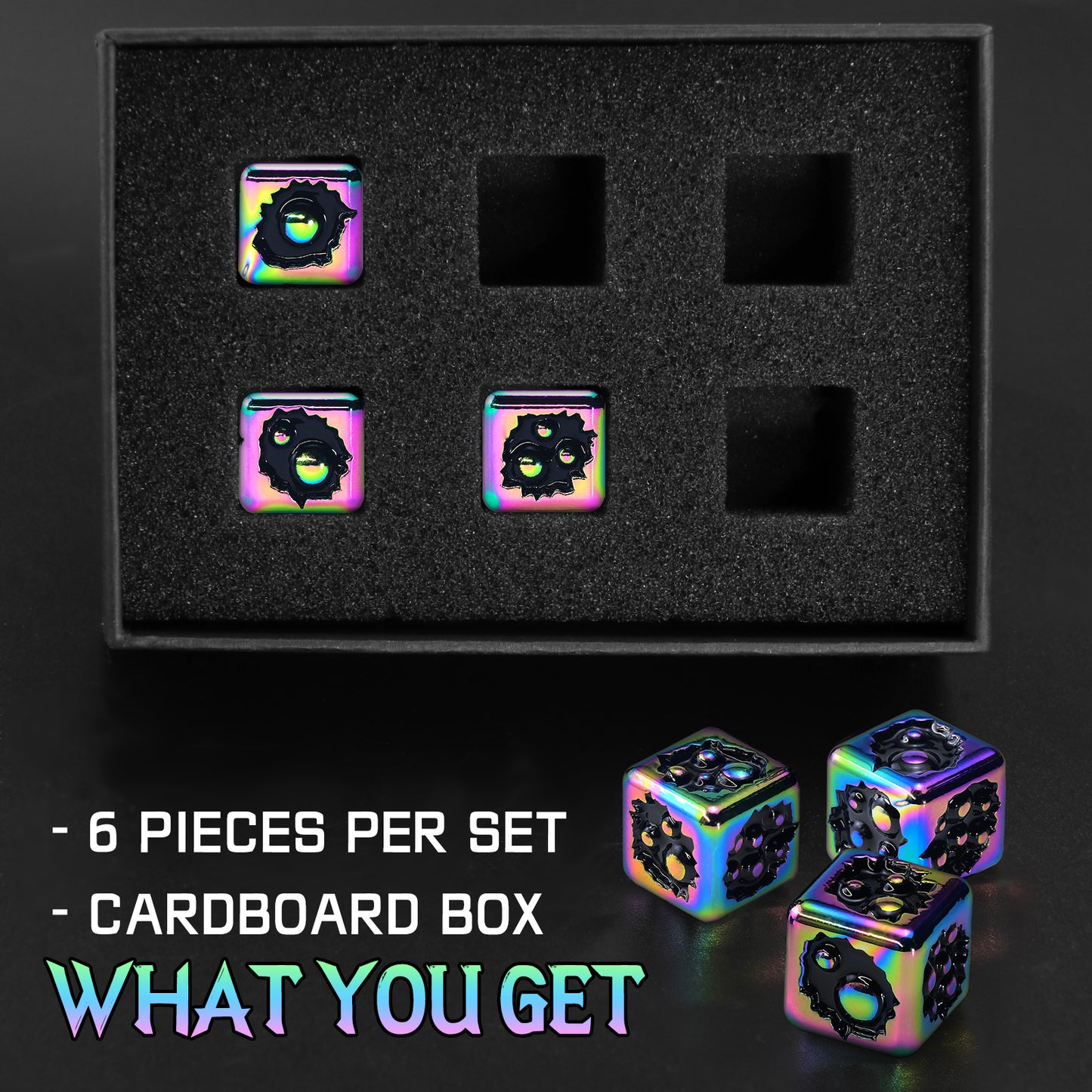 D6 Dice Set of Six Pcs 15mm, Cool Unique Metal 6 Sided Dice - D6 Dazzle Black