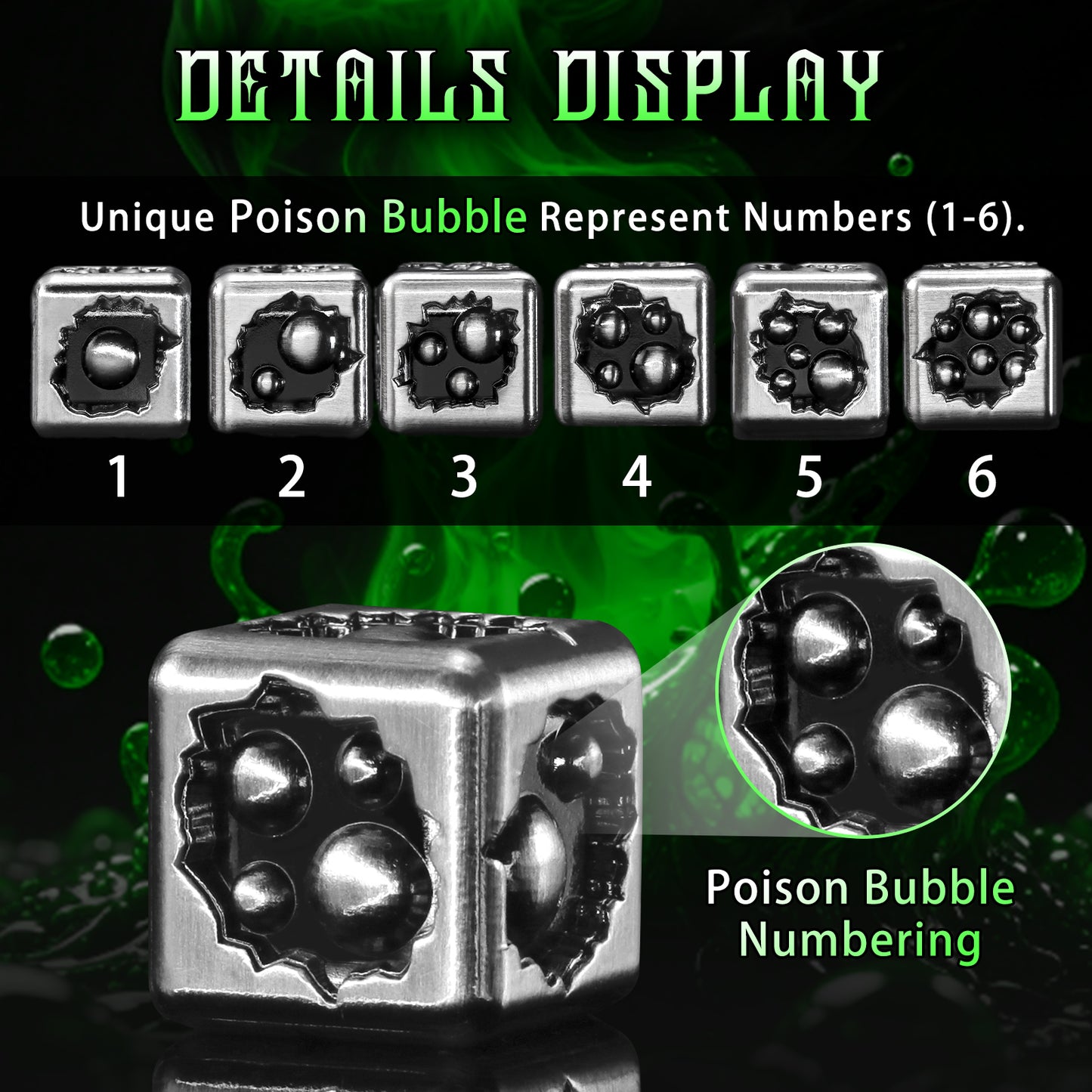 Metal D6 Dice, 6 Sided Dice Set of 6,DND Metal Dice Set for D and D Gifts-Silver Black