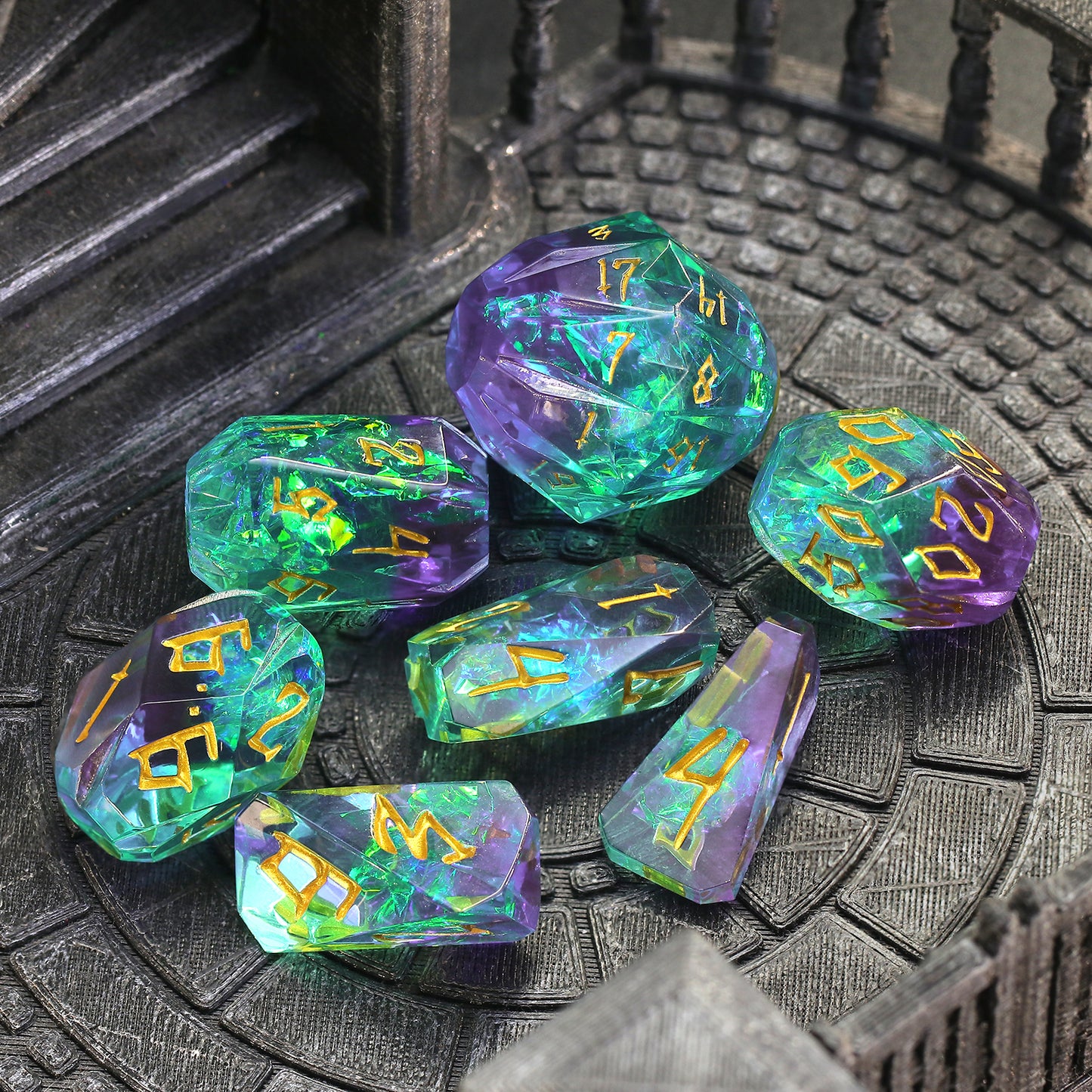 Unique DND Polyhedral Resin Dice Set Stonehenge Theme RPG Dice - Green and Gold