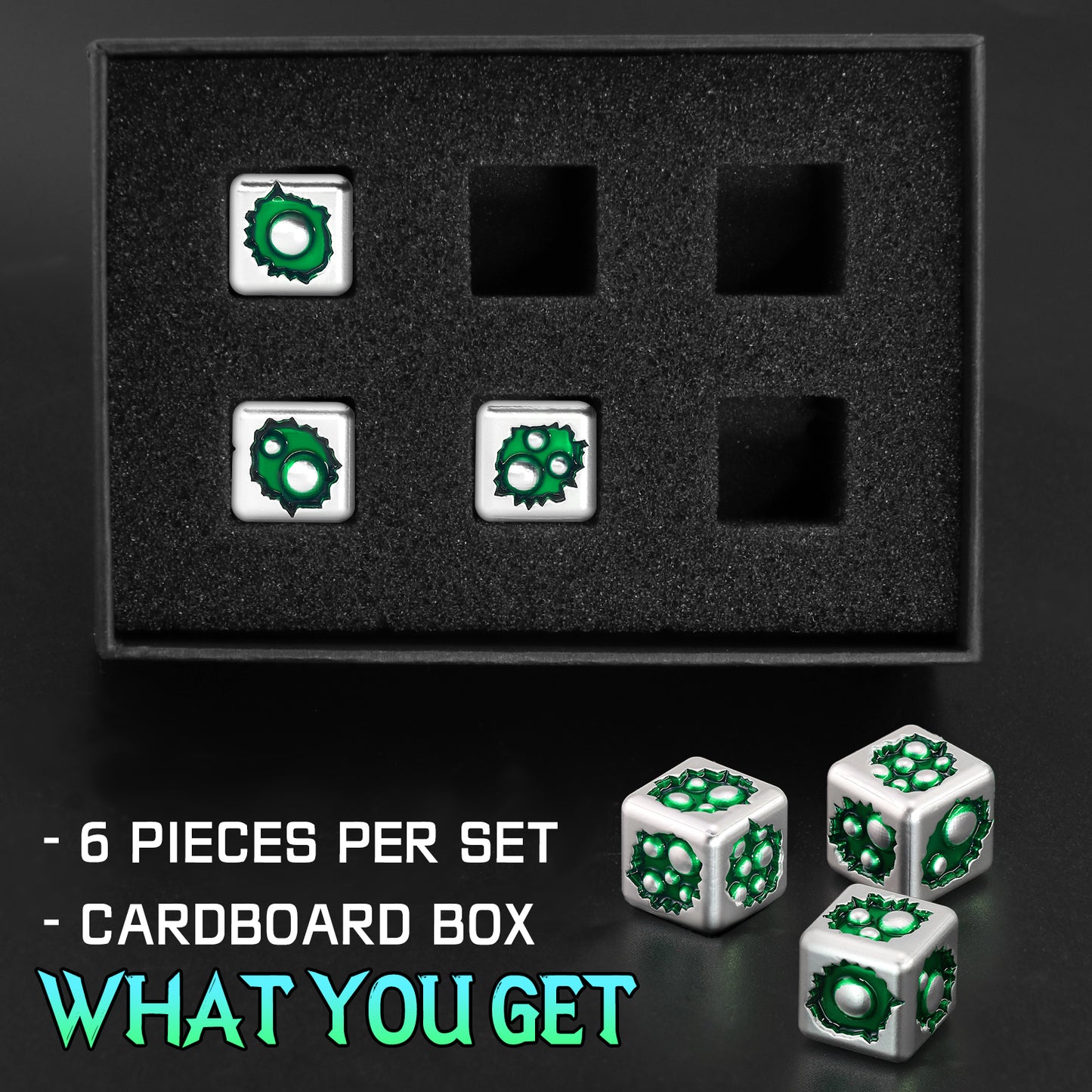 D6 Dice Set of Six Pcs 15mm, Cool Unique Metal 6 Sided Dice - D6 White Green