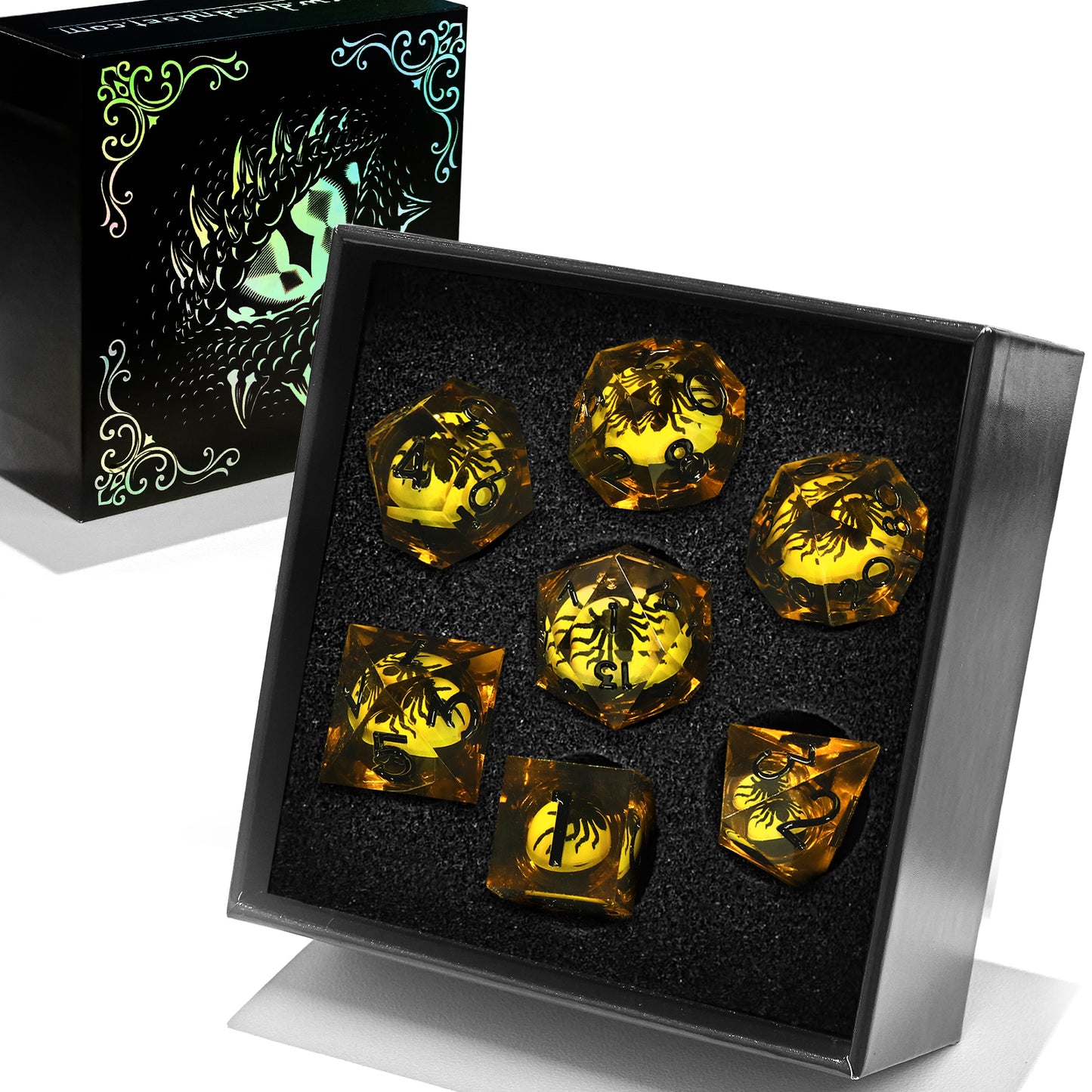 Spider Liquid Core DND Dice Set, 7PCS Sharp Edge Resin Dice -Yellow