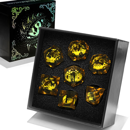 Spider Liquid Core DND Dice Set, 7PCS Sharp Edge Resin Dice -Yellow