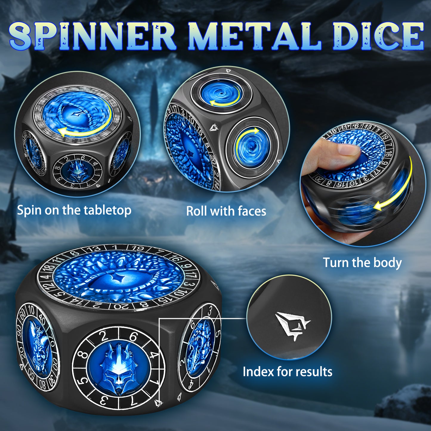 Metal Spinner Dice with Range D4-D20 (Black Dice- Blue)